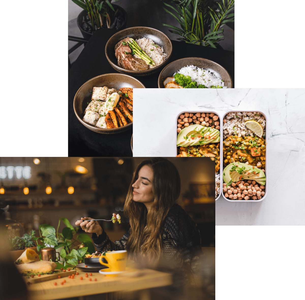 Food in the bowl, Meals in storage containers, Woman enjoying food